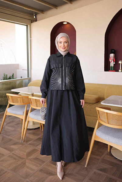 İmajButik Σετ με μπουφάν και φούστα με λεπτομέρειες από μαύρη πέτρα