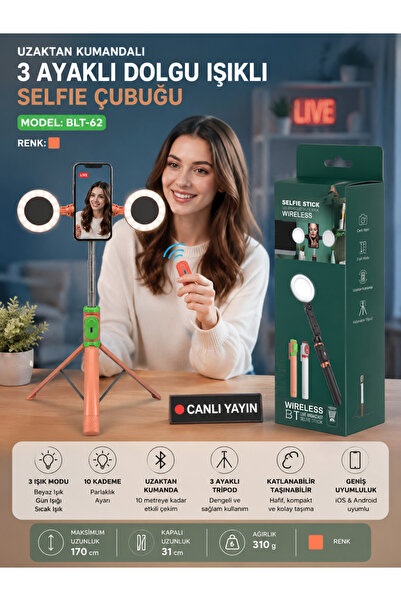 DEANB Bluetooth Kumandalı Dolgu Işıklı LED Selfie Çubuğu 170cm Tripod Telefon...
