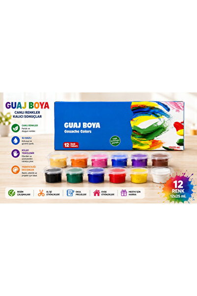 Guaj Boya Seti 12 Renk 25 ml x 12 Adet Su Bazlı Çocuk Boyası
