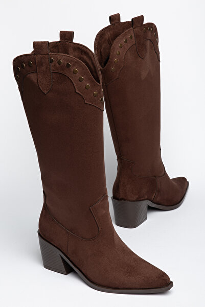 Generic Brand Brown Suede Troc Detailed Brown Sole Western Cowboy Boots