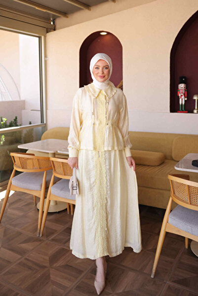 İmajButik Sarı Güpür Detaylı Fermuarlı Etekli İkili Takım