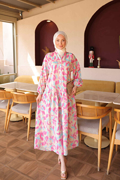 İmajButik Pembe Yarım Düğmeli Kol Lastikli Desenli Elbise