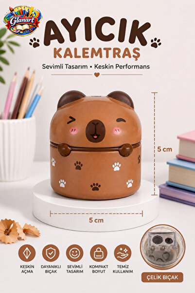 Glanart sevimli figürler metal hazneli çift bıçak kalemtraş (jumbo ve normal kalemler için) 1 adet kahvereng