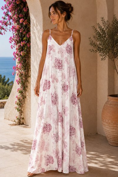 FH Living Women's Patterned Strappy V-Neck Long Summer Dress
