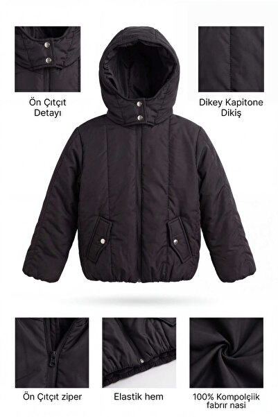 Tonny Black Children's Unisex Black Regular Fit Plain Zippered Hooded Coat