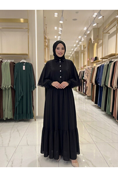 VELİNA & MODA Kadın Siyah Patlı Düğmeli Dantel Detaylı Tesettür Elbise