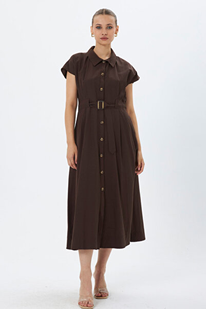 MY GRS Tricoton Dress with Shirt Collar, Front Tie Detail, Full Buttons