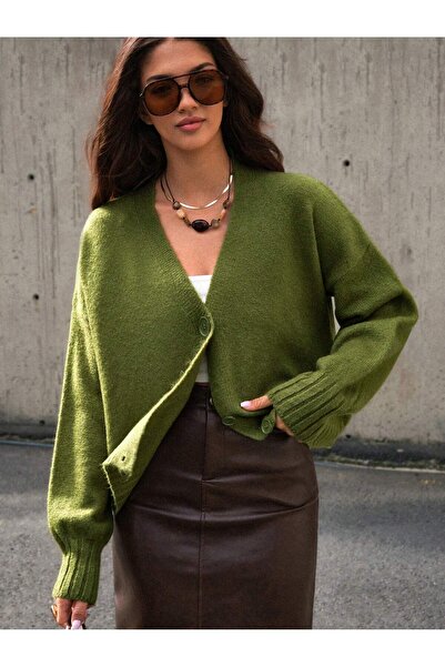 S.ÇLK Women's Embroidered Oversize V-Neck Buttoned Cardigan