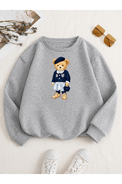 ESADE Kadın Kolej Ayıcık Grafik Baskılı Rahat Kalıp Bisiklet Yaka Gri Sweatshirt
