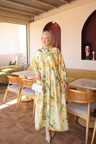 İmajButik Yellow Half Buttoned Sleeves Elastic Patterned Dress