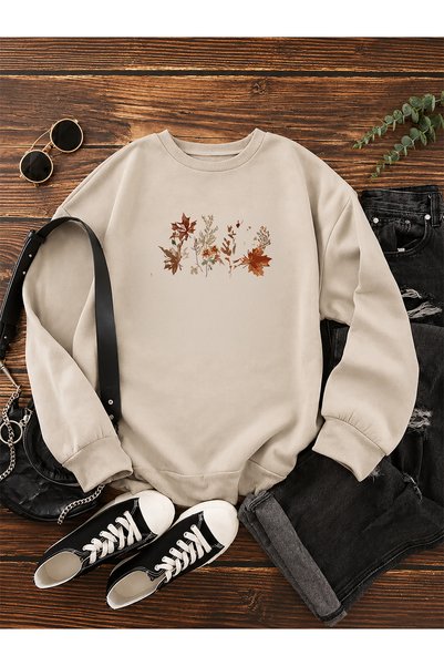 ESADE Women's Autumn Leaves Graphic Printed Comfortable Fit Crew Neck Beige Sweatshirt