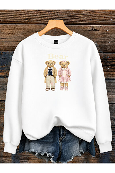 ESADE Kadın Kolej Stili Bear Vintage Baskılı 2li Ayıcık Bisiklet Yaka Beyaz S...