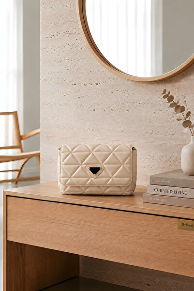 İmajButik Beige Quilted Patterned Shoulder Bag with Strap