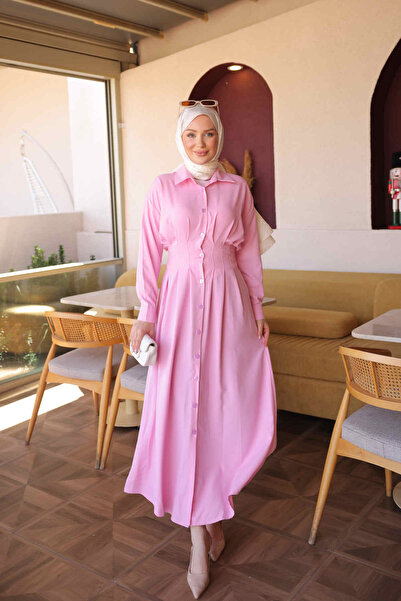 İmajButik Pembe Düğmeli Bel Pensli Elbise