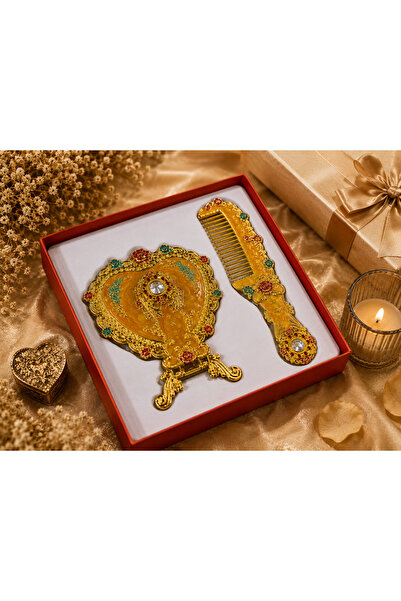 hediyeconcepti Decorative Heart Design Stone Detailed Mirrored Comb Set Gold ...