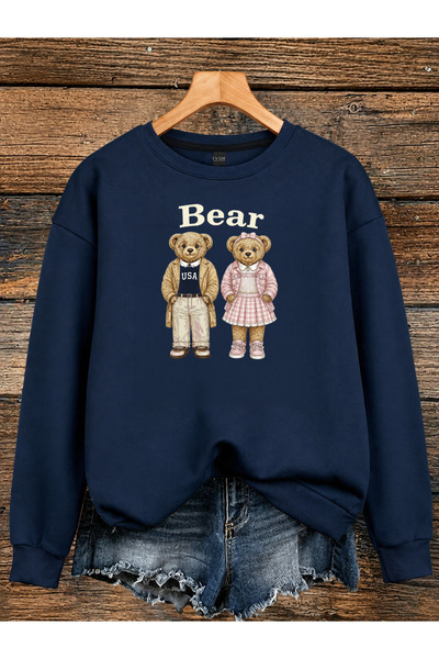 ESADE Kadın Kolej Stili Bear Vintage Baskılı 2li Ayıcık Bisiklet Yaka Laciver...