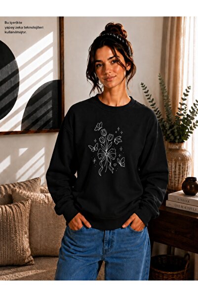 EMMODA Women's Bowknot Tulip Bunch and Butterfly Printed Round Crew Neck Casu...
