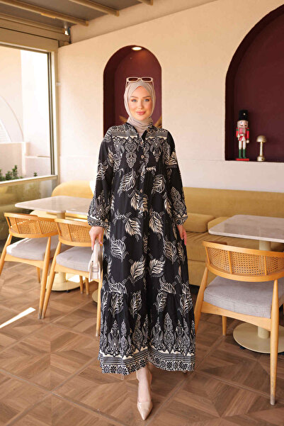 İmajButik Μαύρο φόρεμα βισκόζης με μισά μανίκια με κουμπιά και ελαστική φούστ...