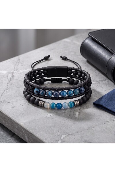 HOBİSY GIFT SHOP Blue Natural Stone Detailed Leather Double Men's Bracelet Set