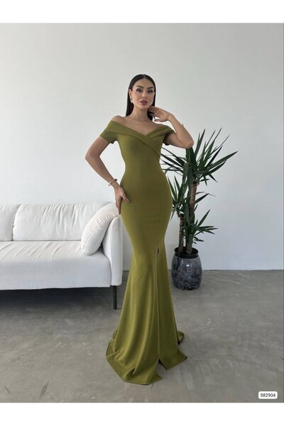 Modafeminen Crepe Fabric Short Sleeve Boat Neck Slit Detail Maxi Length Eveni...