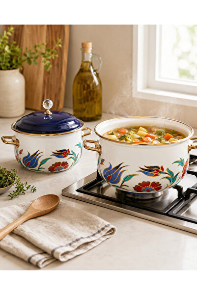 Generic Brand 20-24 cm Enamel 2-Piece Deep Curved Pot Set with Navy Blue Lid ...