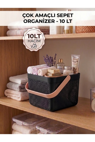 İndecor Houseware Dolap İçi Düzenleyici, Banyo, Mutfak Organizeri Kulplu Sepet, Dekoratif Saklama Kutusu, Banyo Düzenleyici Organizer 10LT