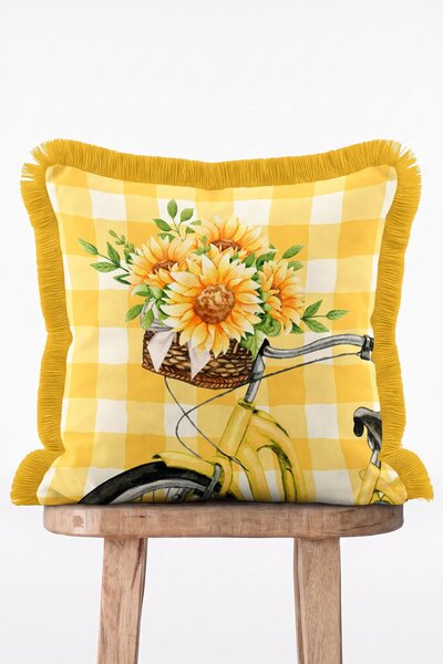 IdeCraft Yellow Gingham Patterned Sunflower Bicycle Fringed Garden Throw Pill...
