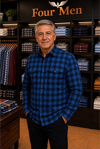 Beyome Erkek %100 Pamuk Uzun Kollu Çift Cepli Kareli Gömlek Rahat Kalıp Büyük...