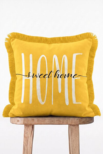 IdeCraft غطاء وسادة للشرفة مزين بشراشيب مطبوع عليه عبارة "Home Sweet Home" با...