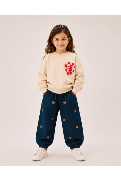 Milo Sol Milo+Sol Kız Çocuk Ekru Kalp Detaylı Pamuklu Oversize Sweatshirt