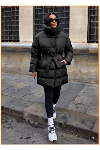 ladyzey Women's Black Stand-Up Collar Belted Snap Closure Double Pocket Mediu...