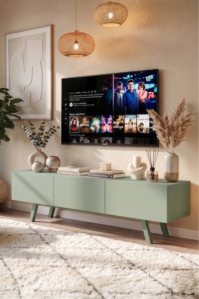 Robin Home Marlon Tv Ünitesi 3 Kapaklı 180cm Ahşap Ayaklı Ihlamur Yeşili