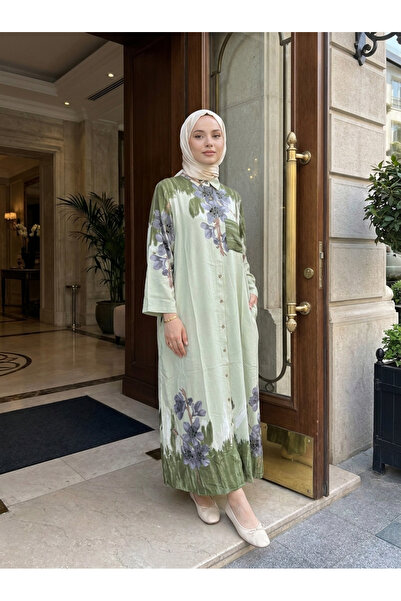 Kirazca Butik Women's Viscose Patterned Buttoned Pocketed Hijab Shirt Dress