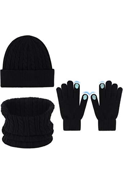 OtherMax Căciulă Beanie, Fular, Mănuși 3în1 Set de Iarnă Touchscreen Negru — ...