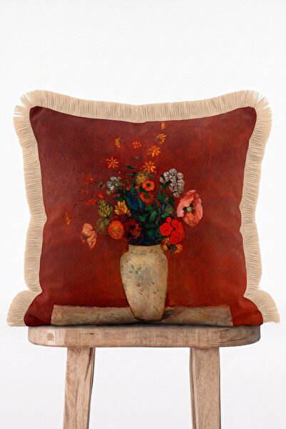 IdeCraft Red Background Still Life Flower Bouquet Themed Fringed Throw Pillow...