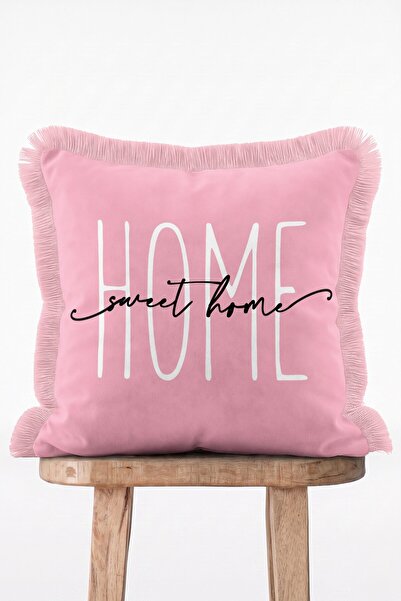 IdeCraft Sweet Home Yazılı Modern Tipografik Pembe Saçaklı Kırlent Kılıfı