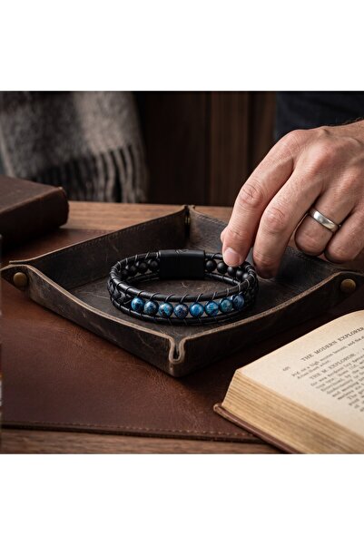toptanhanem Black Leather and Natural Stone Men's Bracelet
