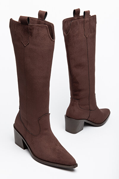 Generic Brand Brown Suede Western Cowboy Boots with Brown Sole and Pointed Toe
