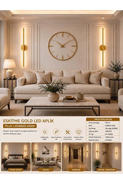 Mandaş Eskitme Gold Gün Işığı 70 cm Led Duvar Aplik 2 Adet Tekli | Pilli Kablosuz Kullanım Tak-Çalıştır