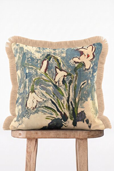 IdeCraft Vintage Artistic Snowdrop Flowers Motif Fringed Decorative Throw Pil...