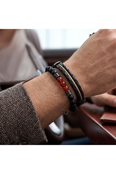 HOBİSY GIFT SHOP Bronze Detailed Black Leather and Red Agate Stone Double Men...