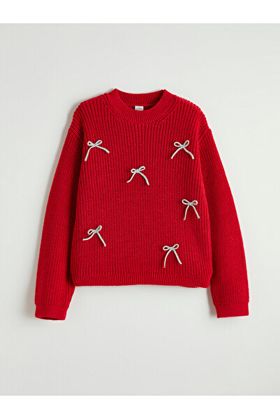 LC Waikiki Peak New Season Crew Neck Bow Detailed Girls' Knit Sweater