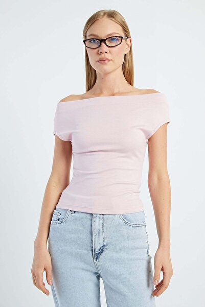 Fulla Moda Bluză de bază cu guler tip Madonna, croială slim fit