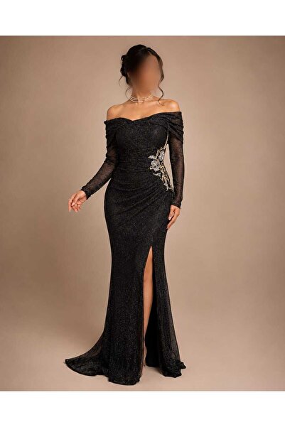 Generic Black Shiny Off Shoulder Evening Dress with Crystal Side Beading