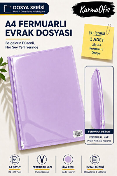KarmaOfis Lila A4 Fermuarlı Evrak Dosyası Belge Doküman Saklama Dosyası Renk ...