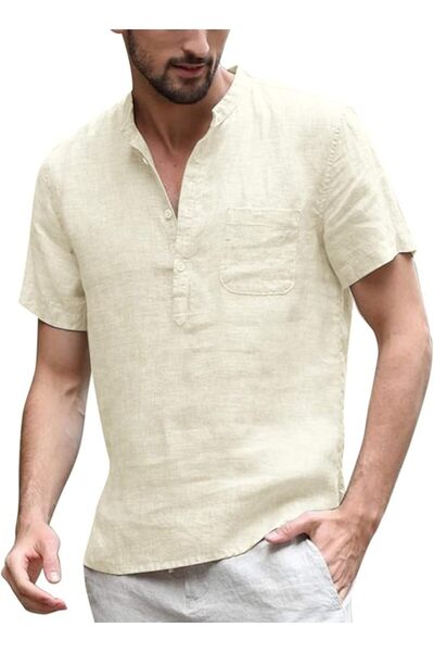 GENERAL Shirt for Men Cotton Linen Fabric Kovanadi Henley Long Sleeve Hippie ...