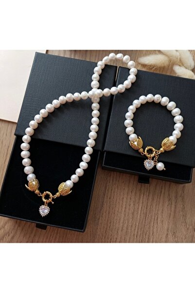 Taşmir Sertifikalı İnci Kolye ve Bileklik Seti – Mavi Zirkon Kalp Charm & Çel...