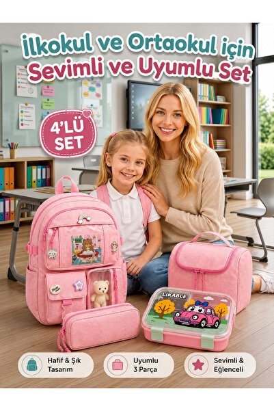 OKAVANGO 4-Piece School Bag Set Girls' Stainless Steel Lunch Box Primary Scho...