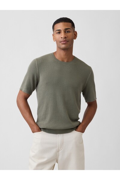 GAP Erkek Haki Ribbed Bisiklet Yaka Triko T-Shirt