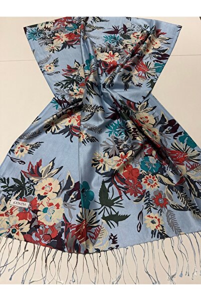 ipekevi Fall Flowers Patterned Silk Shawl Baby Blue
